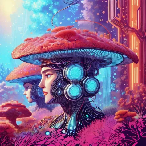 a close up of a woman with headphones on in a field of mushrooms