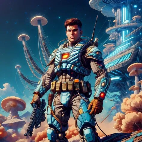 a man in a futuristic suit holding a gun and a sci - fiore