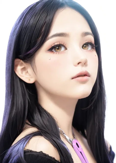 1girl, solo, upper body, looking at viewer, white background, long hair, multicolored hair, makeup, parted lips, eyeliner, cute, IDOL, <lora:add_detail:0.6> , purple eyes, <lora:MiNji-01 (1):1>