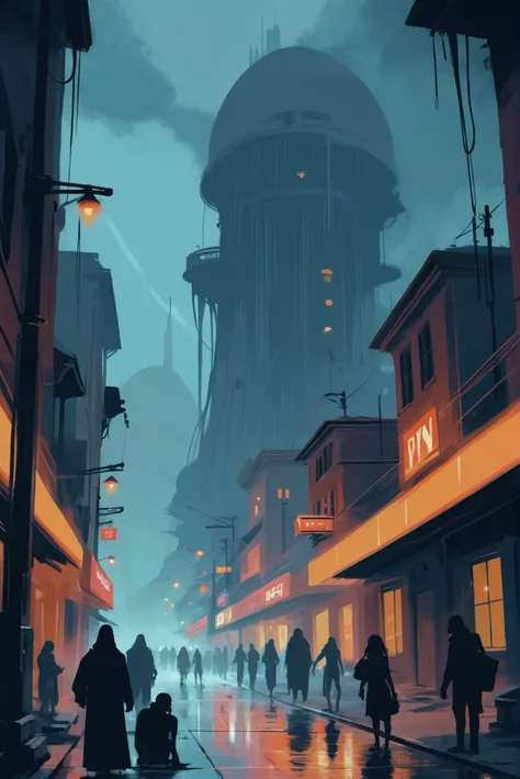 a painting of people walking down a street in a city