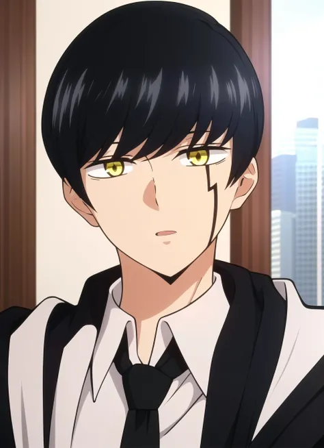 mashle <lora:mashle_offset:1>, masterpiece, best quality, 1boy, male focus, solo, yellow eyes, necktie, black hair, bangs, facial mark