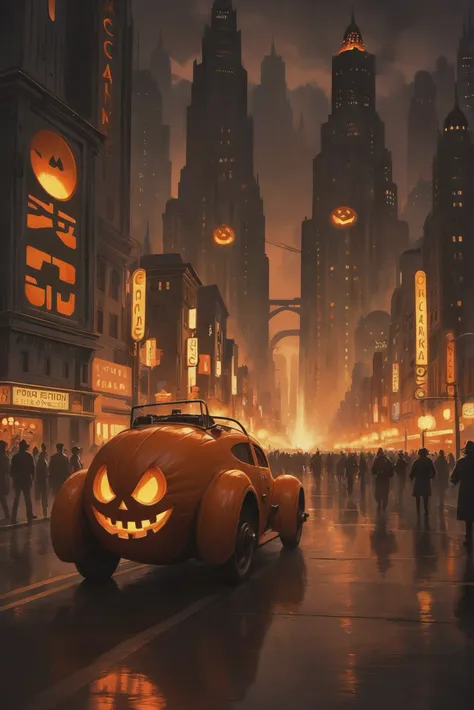 a painting of a car with a jack o lantern on the front driving down a city street