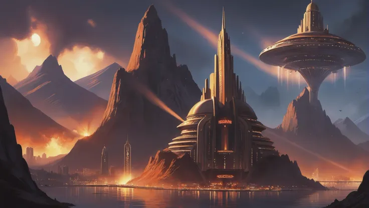 a painting of a futuristic city with a spaceship flying over it