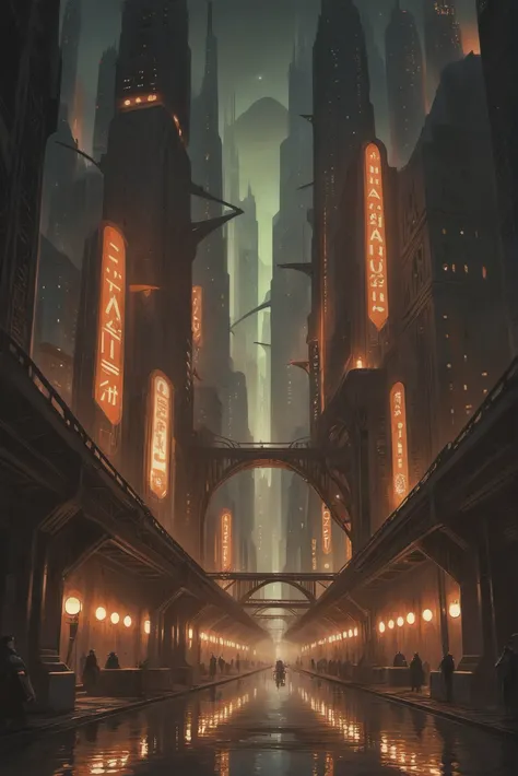 a city with a bridge and neon signs in the middle of it