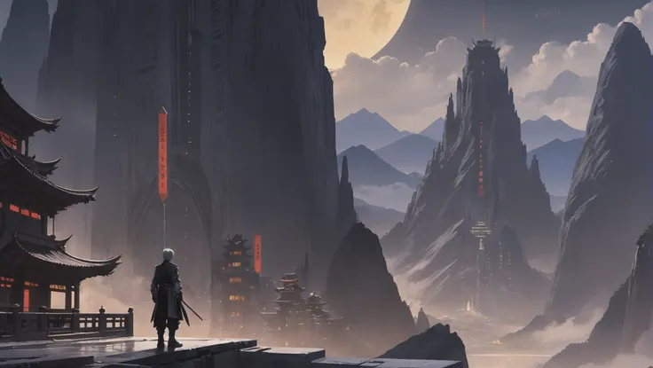 a man standing on a ledge looking at a mountain with a temple in the background