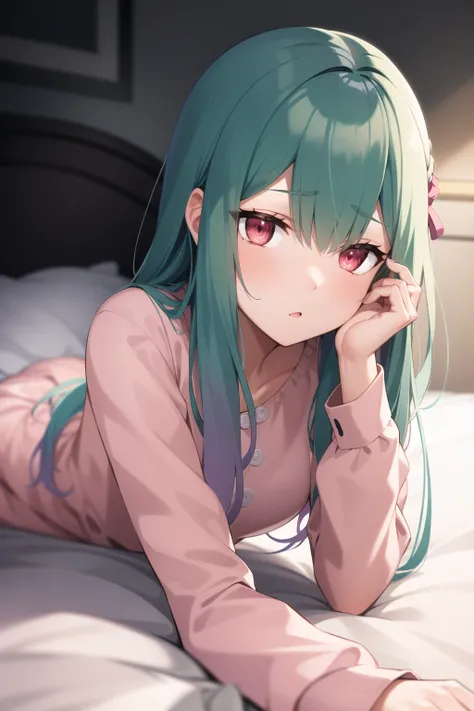 2d, masterpiece, best quality, anime, highly detailed face, highly detailed eyes, highly detailed background, perfect lighting, full body, 1girl, solo, uruha_rushia, green hair, pink pajamas, long hair, on stomach, on bed, bedroom <lora:rushia-05:1>