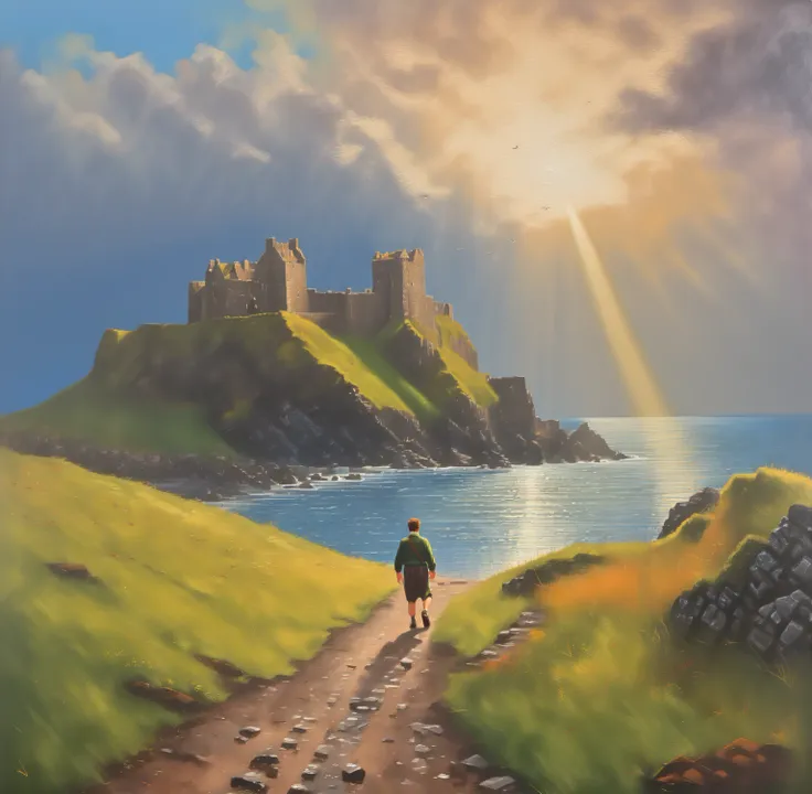 painting of a man walking down a path towards a castle