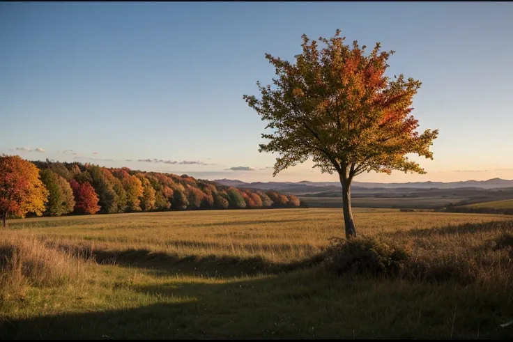 (masterpiece, best quality, professional photo, 35mm), wild landscape, early morning, a single tree on foreground, autumn