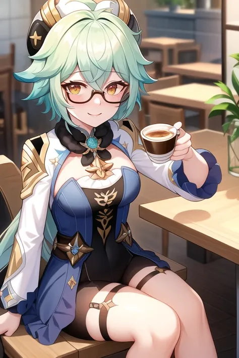 best quality, best anatomy, (epic detail), ((sucrose \(genshin impact\))) at a cafe, sitting, coffee cup, happy, <lora:tsumasaky...