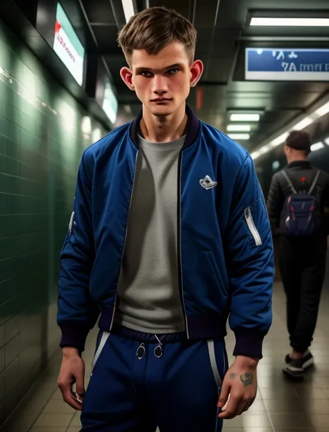 arafed man in a blue jacket standing in a subway station