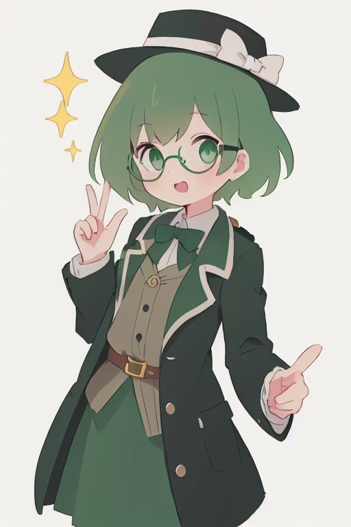 girl with glasses, wearing a sherlock holmes cosplay, white gacha city background, cute, sparkling green eyes