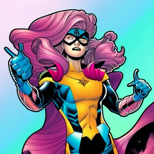 cozmikduzk1, a cartoon girl with pink hair, pointing at camera with her finger , heart logo  on her chest, superhero pose,  extr...