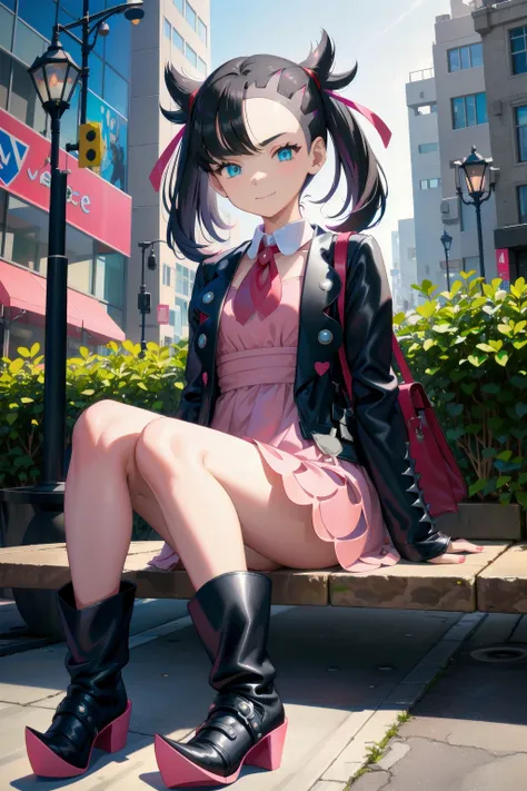 hmmarnie, aqua eyes, red ribbons , pink dress, black jacket, open clothes, long sleeves , (boots:1.2) , black handbag ,  <lora:marnie_v1:1>  , forced smile , fingers on mouthcorners , city , street , stores , streetlamps , detailed eyes , small details ,