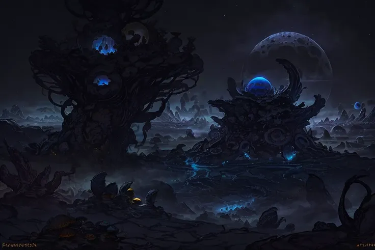 a dark and creepy scene with a giant tree and a giant blue ball