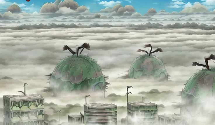howlbgs, scenery, anime screencap, wasteland of decay, Wind, (crumbling buildings:1.2), (alien plants:1.3), (dust balls:1.5), (thick pollen:1.4), debris, high winds, cumulonimbus clouds, cirrus clouds, <lora:howlsMovingCastleInterior_v1:1>
