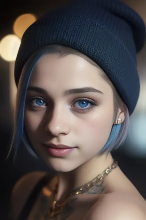 BertaCastane, masterpiece, best quality, high quality,extremely detailed CG unity 8k wallpaper, 1girl, solo, blue hair, tattoo, short hair, beanie, jewelry, smile, necklace, looking at viewer, hat, realistic, open mouth, teeth, upper body, tank top, nose, ...