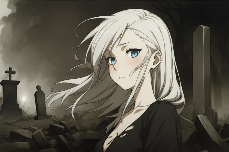 portrait, darkness, horror (theme), fog, sad, cemetery, bush, night, 1girl, long hair, (white hair:1.1), (blue eyes:1.2), (torn clothes:1.1), white dress, stone, breasts, clouds, field, sparks, wind, <lora:sambre_v6:0.6> sambre