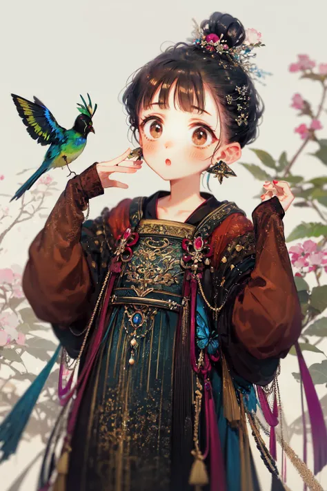 masterpiece, best quality, extremely detailed, detailed background, detailed face, hanfu, 1girl, solo, jewelry, earrings, hair ornament, long sleeves, chinese clothes, glowing, black hair, hair bun, dress, blush, brown eyes, standing, wide sleeves, dark, l...