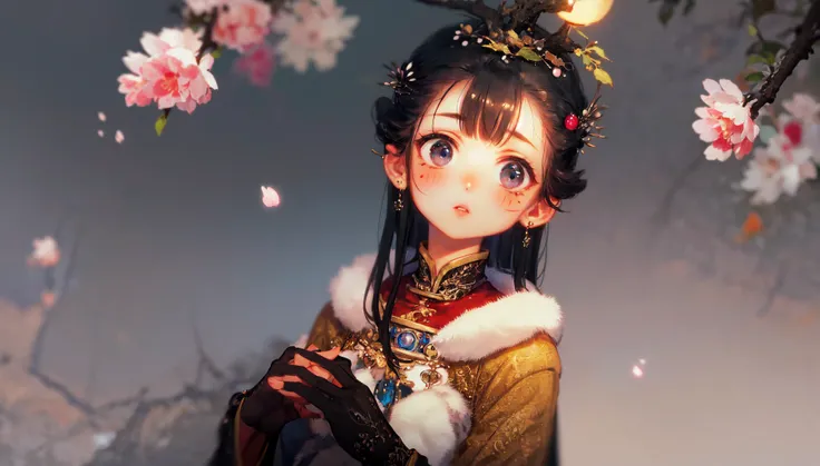 masterpiece, best quality, extremely detailed, detailed background, detailed face, hanfu, 1girl, solo, looking up, black hair, blurry, long hair, fur trim, parted lips, gloves, depth of field, hair ornament, long sleeves, blue eyes, branch, jewelry, on hea...