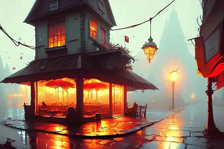 (((upside down))) tavern in the rain by kuvshinov, samdoesart, dreamlikeart, (((surrealism)))