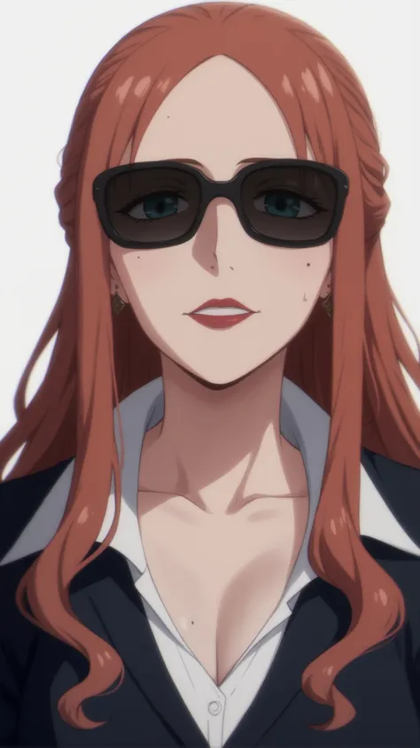 a woman with red hair and sunglasses is staring at the camera