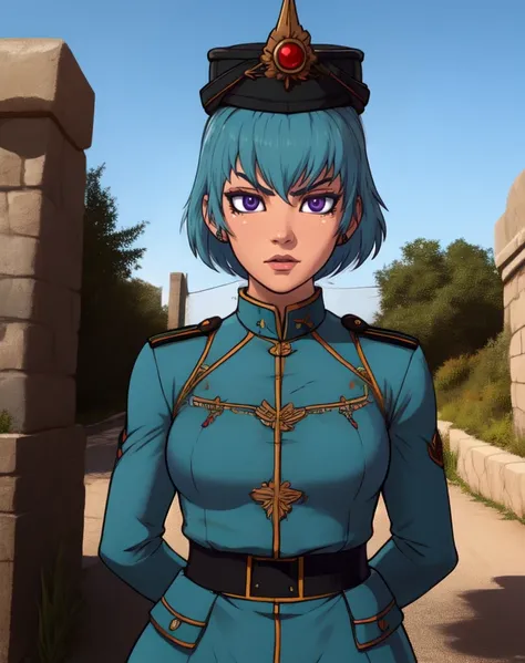 Krissha,blue hair,purple eyes,
standing,upper body,arms behind back,
long sleeves,blue military uniform, black hat,
serious,
front gate,fantasy,
(insanely detailed, beautiful detailed face, masterpiece, best quality),solo,<lora:KrisshaF:0.8>,