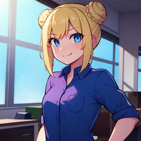 blonde_hair, blue eyes, smirk, mature, aged_up, 1girl, small breasts, upper body, double_bun, collared_shirt, office_lady, artwork, cutepetw,   <lyco:Enginetrap_Style-32_hard:0.6> enginetrap_style,