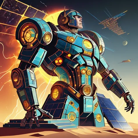 a close up of a robot standing on a desert with a sky background