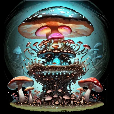 a close up of a mushroom house with many mushrooms on it