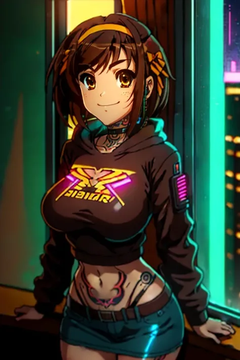 <lora:Haruhi Suzumiya - [The Melancholy of Haruhi Suzumiya] - Version 1:1> haruhi, brown_hair, suzumiya_haruhi, short_hair, brown_eyes, hairband  (masterpiece:1.2),(best quality:1.2),(high resolution:1.2) 1girl,  tattoo  cyberpunk2077, cyberpunk (series), ...