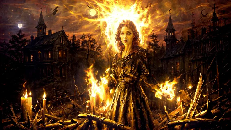 (fire girl, firefull:1.2), flames, fire spell magic, ((fire in hands)), (burning body),  portrait, (standing), happy smiling,(la...