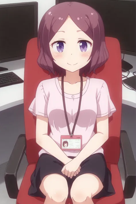 anime girl sitting in a red chair with a name tag on her shirt