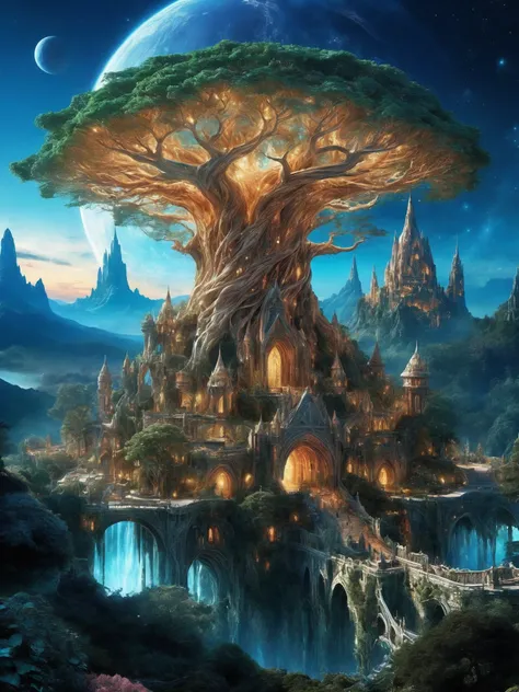 fantasy world with the giant twisted tree by (Bob Mackie:0.7), elven castle around, in front of universe by (Benoit B. Mandelbrot:1.1), ultra detailed, intricate,