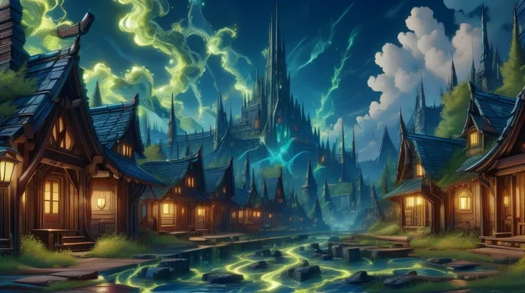 a painting of a fantasy village with a river running through it