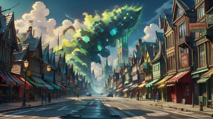 anime city street with a lot of buildings and a dragon flying over it