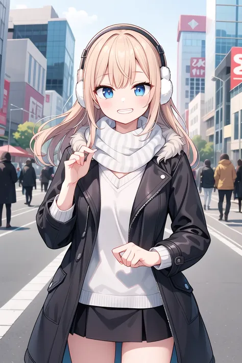 anime girl with headphones on walking down the street