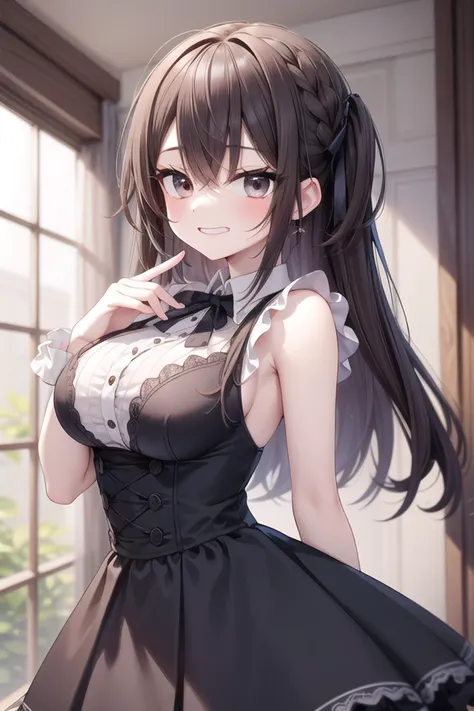 anime girl in a maid outfit posing in front of a window