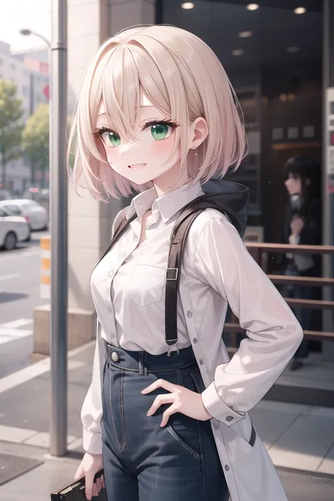 anime girl with blonde hair and green eyes standing on the sidewalk