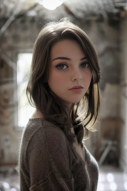 highly detailed realistic photograph of a 18yo woman, standing in a dusty old house, evocative pose, (dark ambience), (young bea...