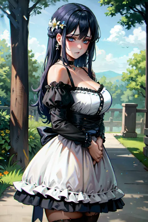 (masterpiece:1.2), (best quality:1.2), perfect eyes, perfect face, perfect lighting, 1girl, mature female gothgal standing with her hands in front, long hair, intricate hairdo, makeup, black lips, thick eyelashes, sad, melancholy, wearing a gothgal outfit,...