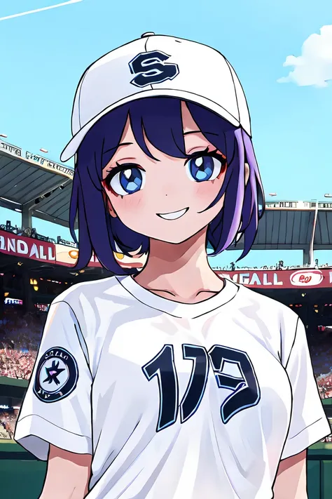 (best quality:1.2), ballpark grandstand, 1 girl, white t-shirt,  (ballcap), smile, looking at viewer, clear sky