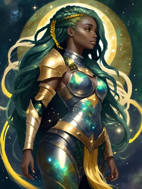 digital painting, celestial, 1girl, woman, paladin  armor, pauldrons, bombshell hair, iridescent forest green hair with goldenrod highlights, very long hair,Messy Fishtail Braid, soft body, wide hips, narrow waist, medium breasts, (african, dark skin:0.6)<...