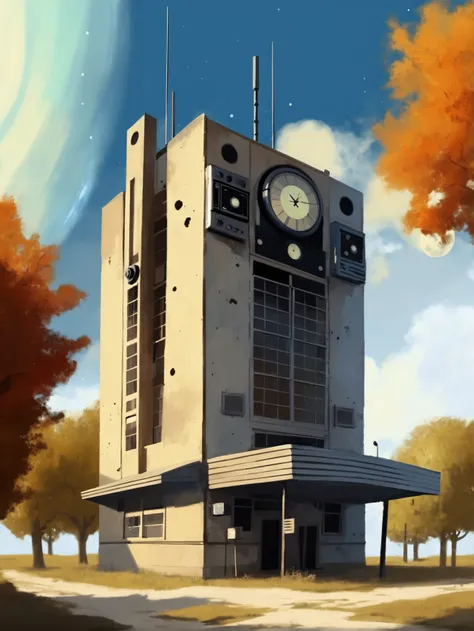 digital painting, celestial, noon, architecture, deciduous Scene Old radio station<lora:EnvyCelestialXL02:1>