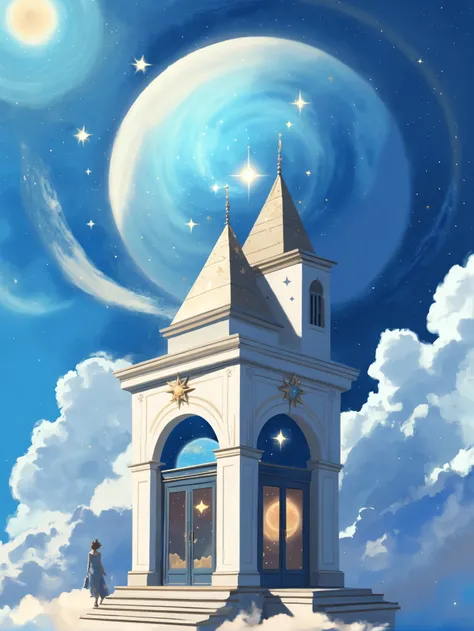 digital painting, celestial, noon, blue sky, clouds architecture,  magic shop<lora:EnvyCelestialXL02:2>