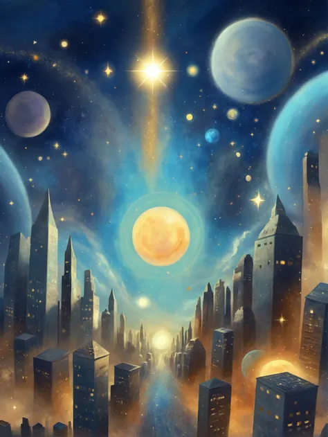 a painting of a city with a star in the sky