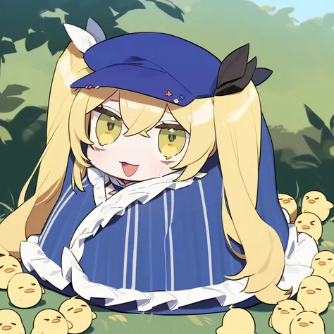 anime girl with long blonde hair and blue dress surrounded by chickens