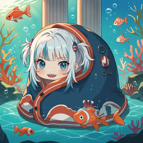 anime girl with fish in her hand and a fish in the background