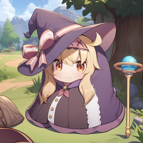 anime girl in a purple hat and purple cape with a blue ball