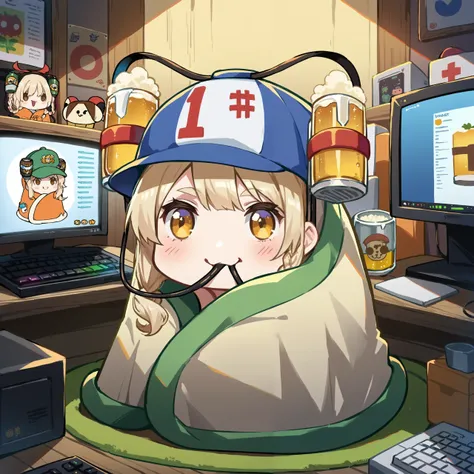 anime girl with a hat on sitting in front of a computer