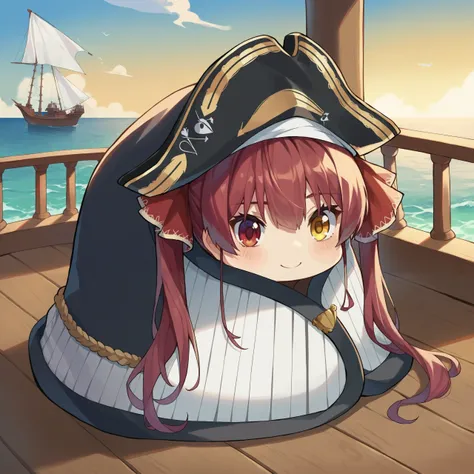 anime girl in pirate hat sitting on deck with sailboat in background